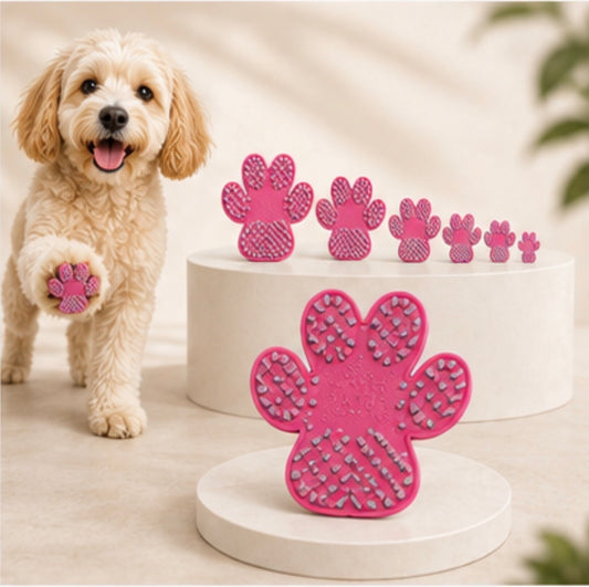 Dog with pink anti-slip paw pads in multiple sizes